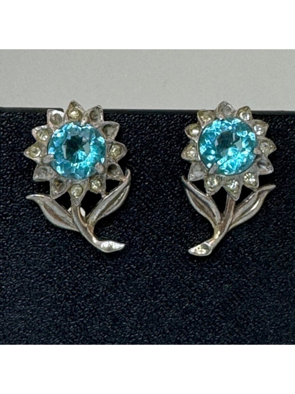 Sterling Silver Flower Earrings Aqua Blue Topaz Stones Screwback Vintage READ
